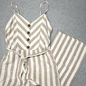 Kensie Linen Blend Striped Jumpsuit Womens L Tan White Wide Leg Cropped Jumper